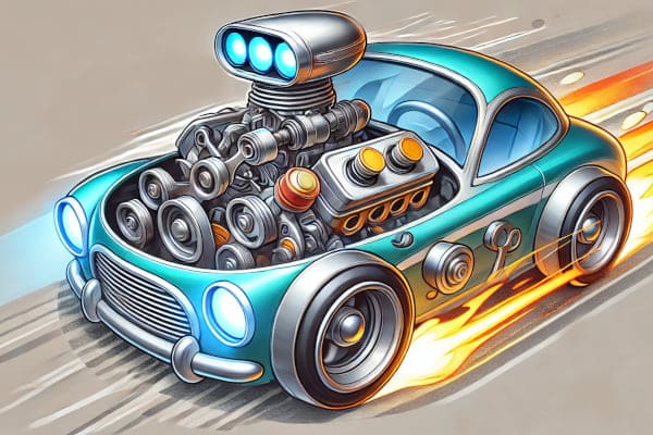 Car with massive engine to represent synergy in the German language